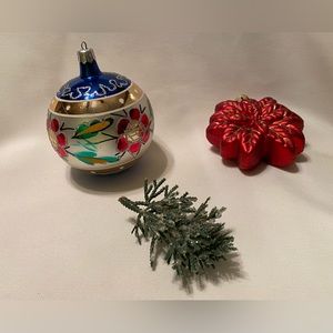 Set of 2 Beautiful Quality Ornaments Poinsettia and Vintage Bronner's Ball
